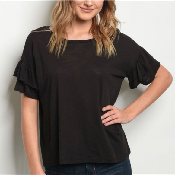 Ruffle Sleeve T-shirt NWOT Size Small Black - Picture 3 of 3